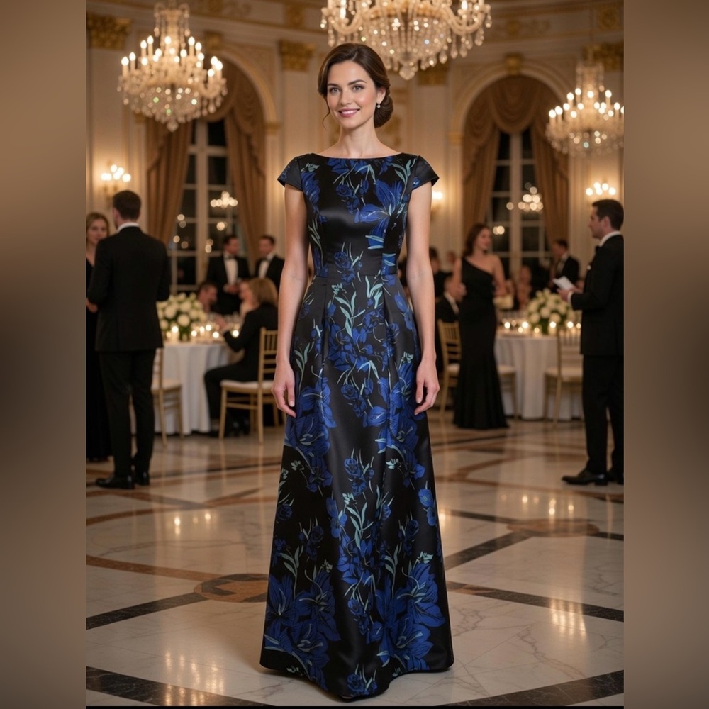 JS Collections Sequin Floral Cap Boat Neck Gown Size 2